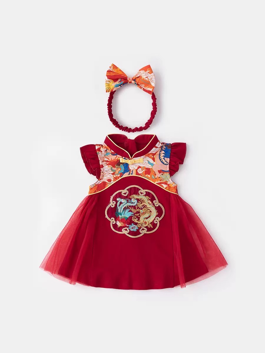 【送发带】夏季女宝宝百天满月红色周岁礼服中国风婴儿衣服公主裙