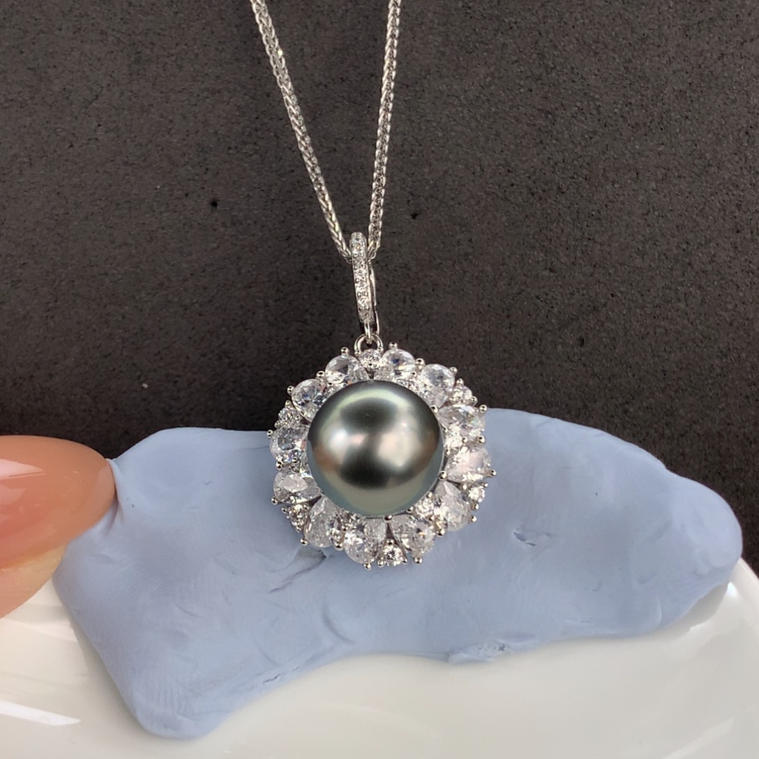 定制海水珍珠银S925镶嵌吊坠(赠链)大溪地透绿10-11mm