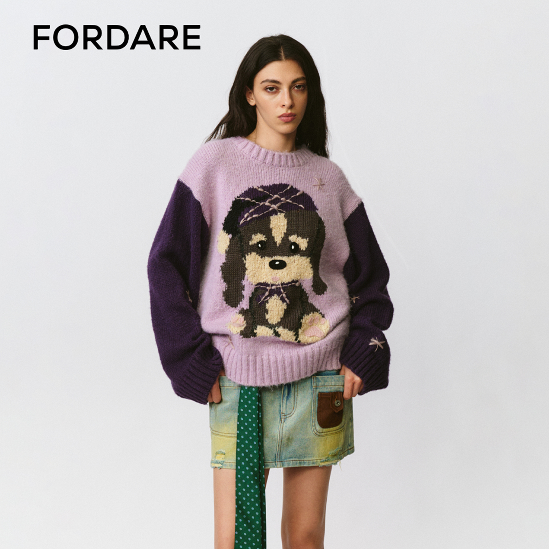 FORDARE 福蝶 25冬季新品 撞色羊毛嵌花小狗毛衫长袖毛衣女款3515