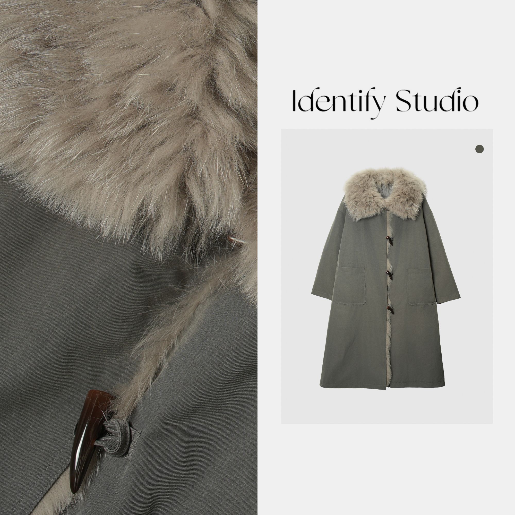  IDENTIFY冬季进口狐狸毛毛领牛角扣长款羽绒外套25AWG112202