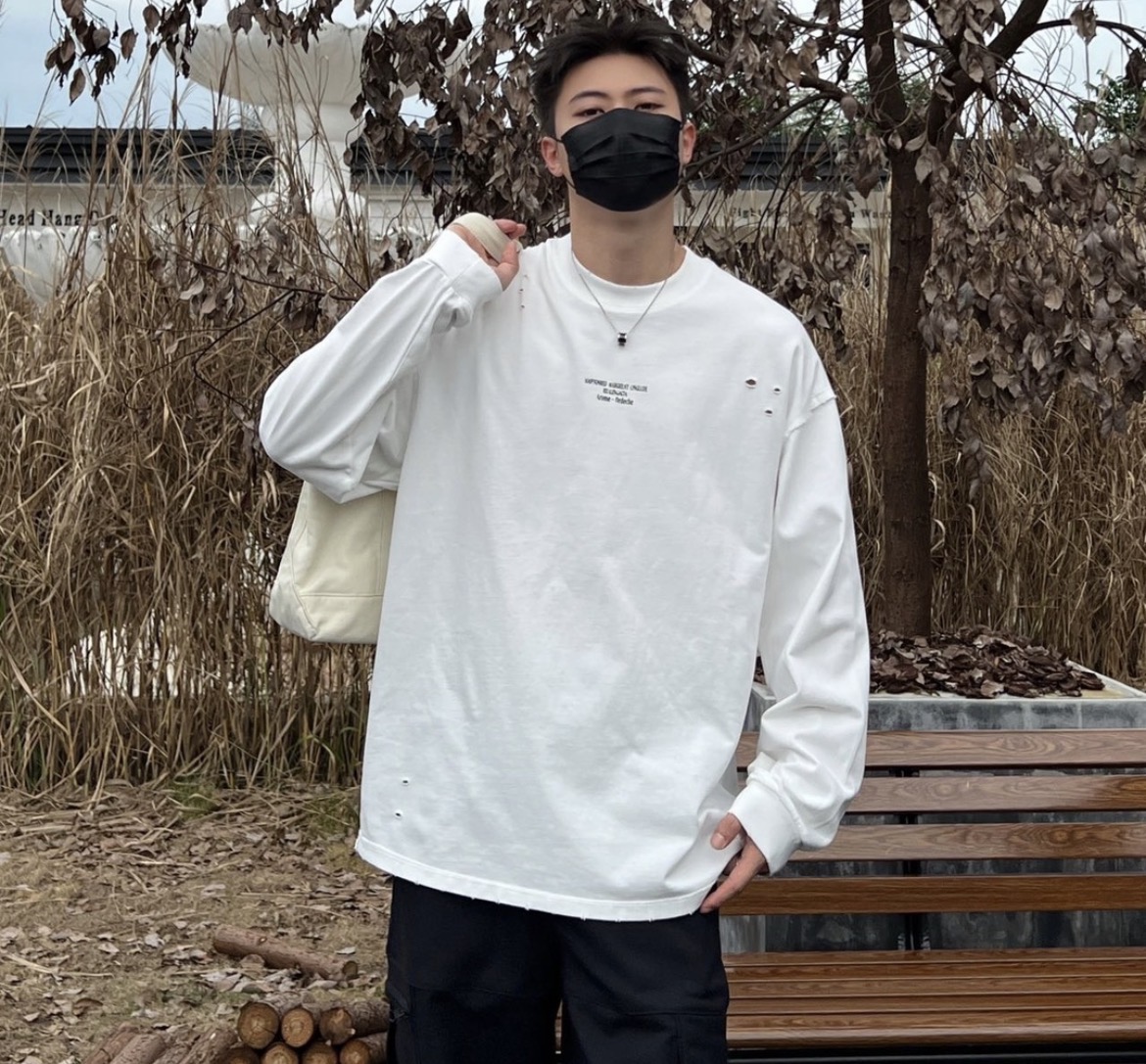 高克重破洞卫衣男女同款2025秋冬款宽松外穿时尚圆领内搭长袖上衣