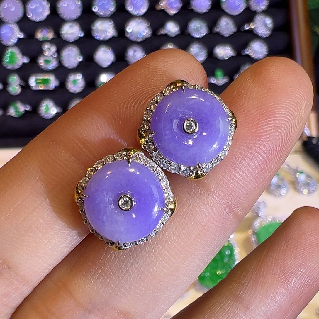 翡翠耳饰18K金镶嵌粉紫紫罗兰平安扣