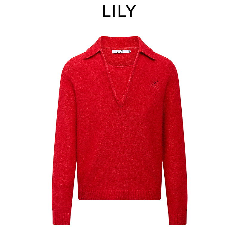 LILY2025冬新款羊毛羊驼毛混纺加厚红色针织衫毛衣女125469TK949