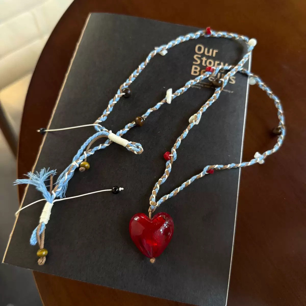  复古彩色编织棉绳红色老琉璃爱心吊坠项链天串珠长款毛衣链