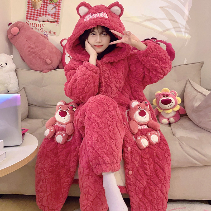 三层夹棉加厚加绒睡袍冬季睡衣女士卡通可外穿珊瑚绒家居服 8968