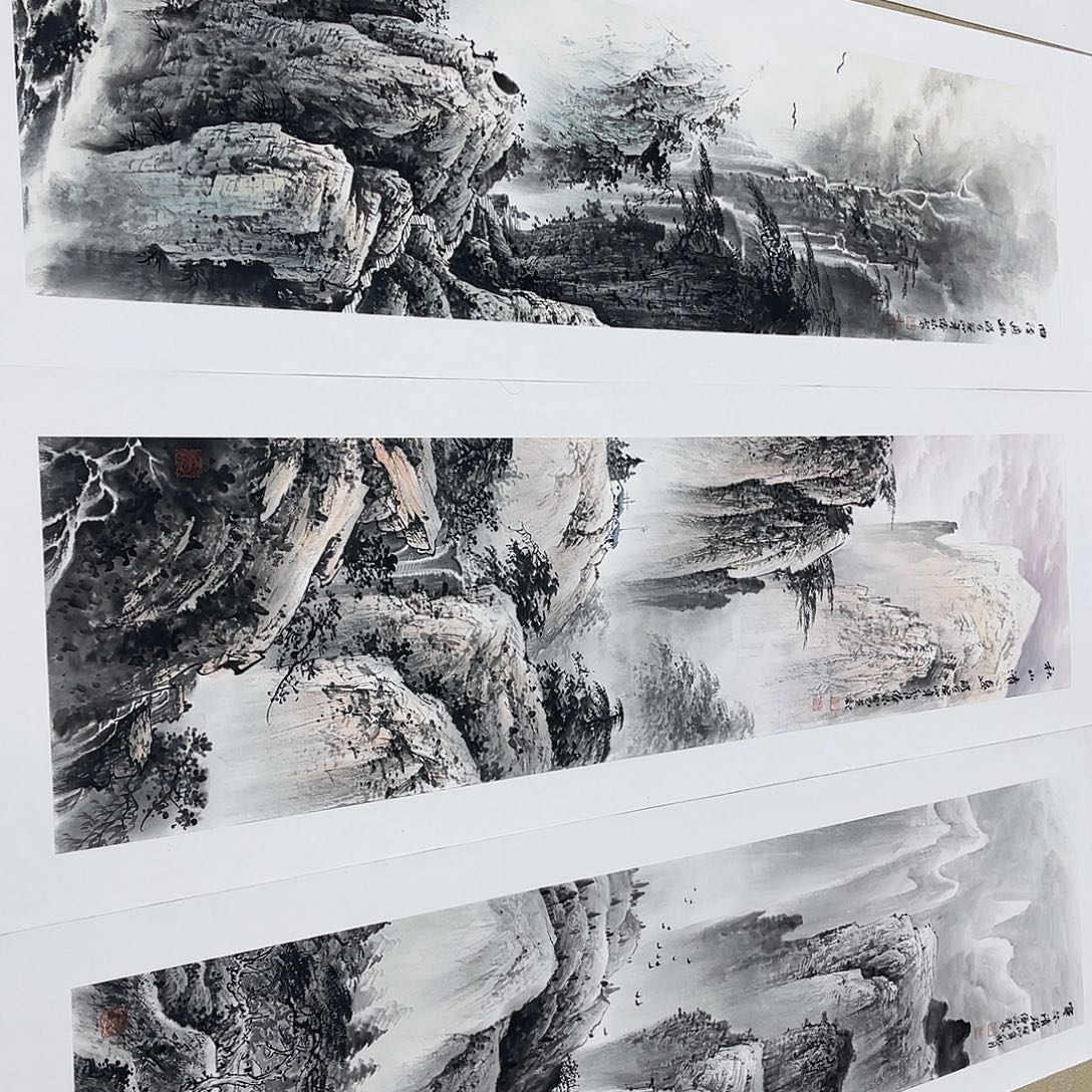 云***树国画黎俸禄四条屏山水