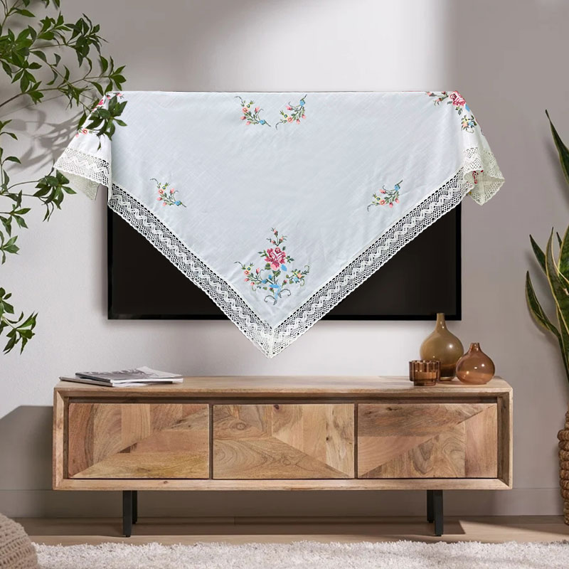 2403-48白色【135*135cm】竹节棉十字绣盖巾方形防尘盖布电视盖巾