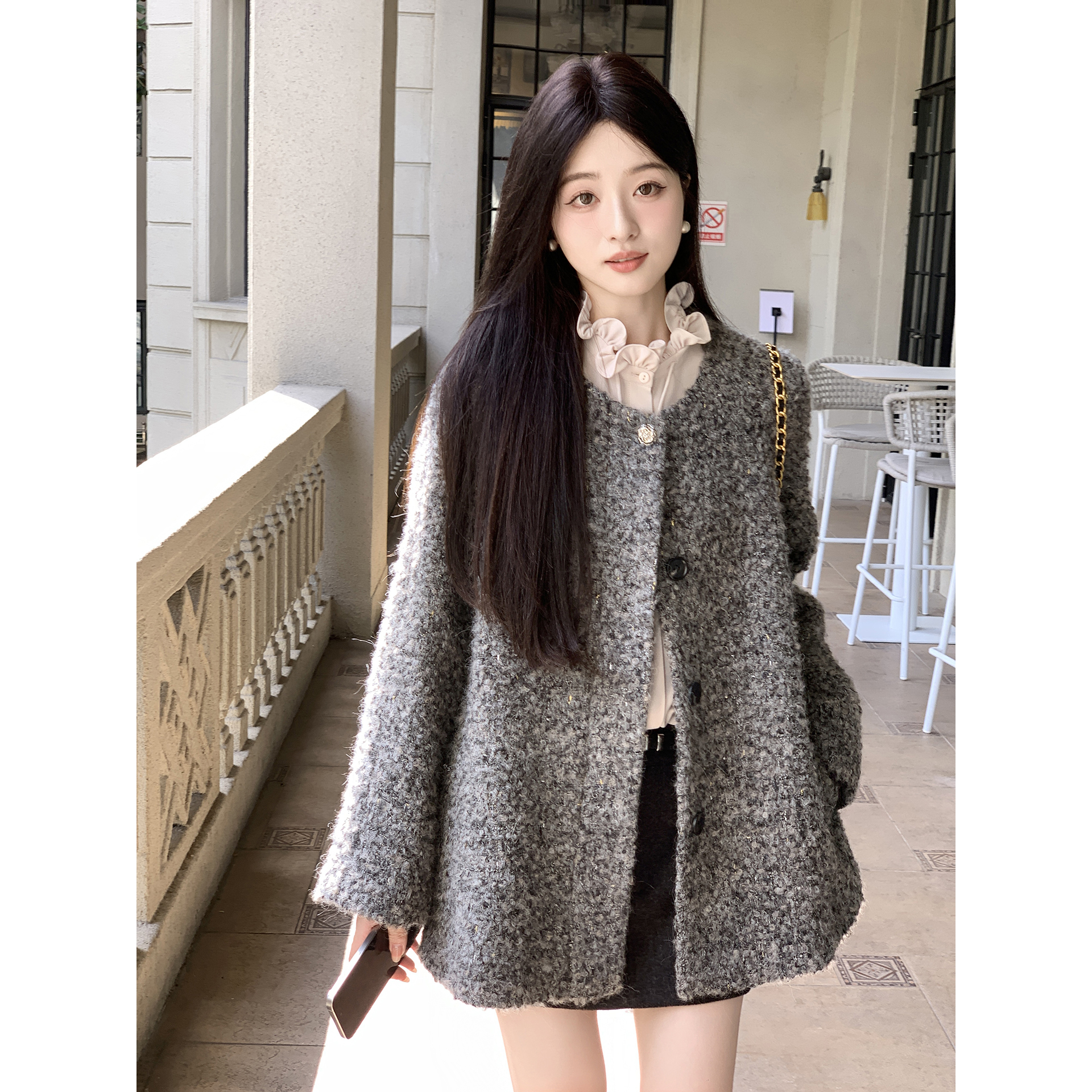 夏诗文 羊驼毛蓬松绒感圈圈金银丝编织粗花呢A摆量感外套女汉服