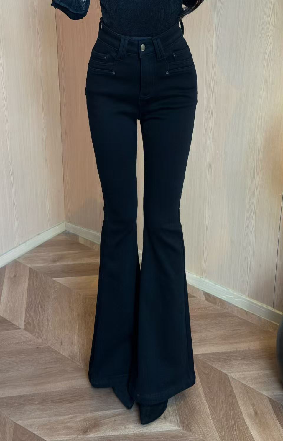 新品FANFAN高腰女小个子微喇裤开叉休闲修身裤子8090