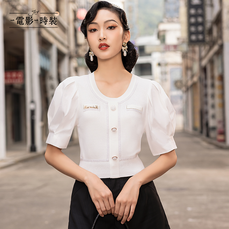 【蜜思仝】一电影一时装小香风泡泡袖套头毛织衫FEBM121500