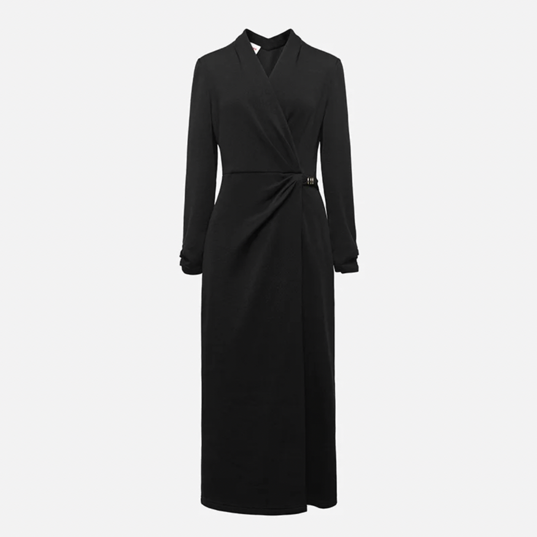 EP雅莹2025早秋新品 羊毛螺纹九分袖收腰交襟V领连衣裙4621B