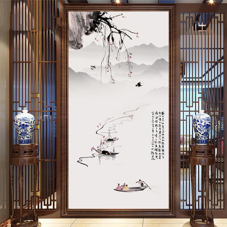 新中式水墨喷绘山水墙纸用于客厅走廊过道玄关背景装饰