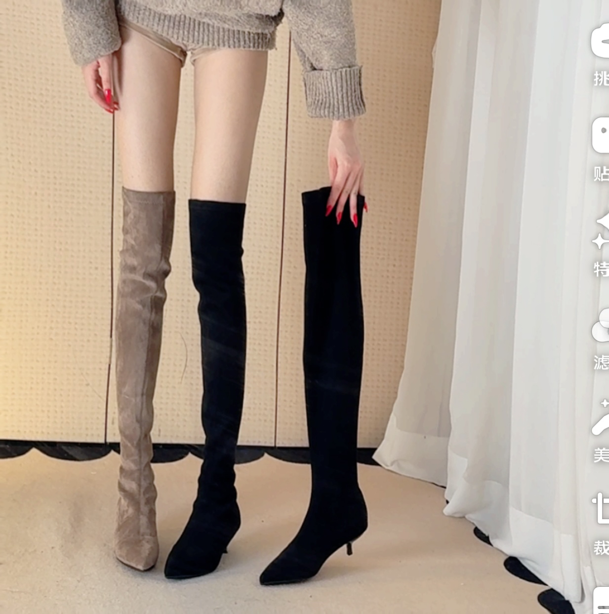 2025爆款过膝靴 细跟尖头高筒不掉筒弹力时装低跟2公分过膝靴女