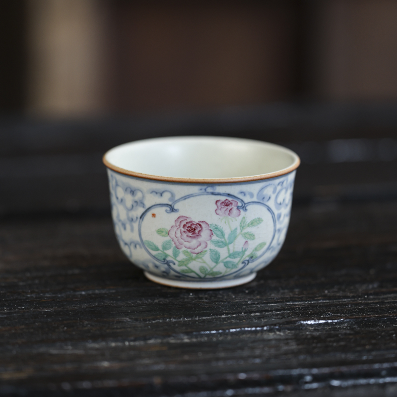  粉紫玫瑰花祥云-朴云堂-开窗诗文炉式杯120ML（朴杯0363）