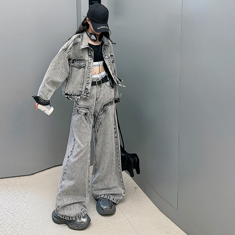 【酷哒仔】女童重工黑底炒色牛仔套装2025春秋韩版复古中大童两件套