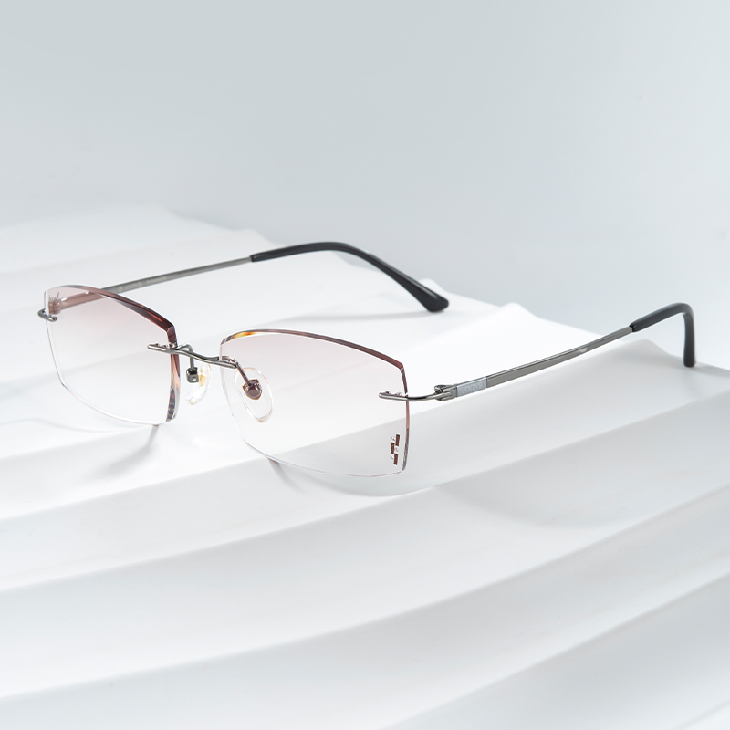 君铂气质时尚个性近视眼镜无框超轻钛镜配度数切边镶钻眼镜框7010