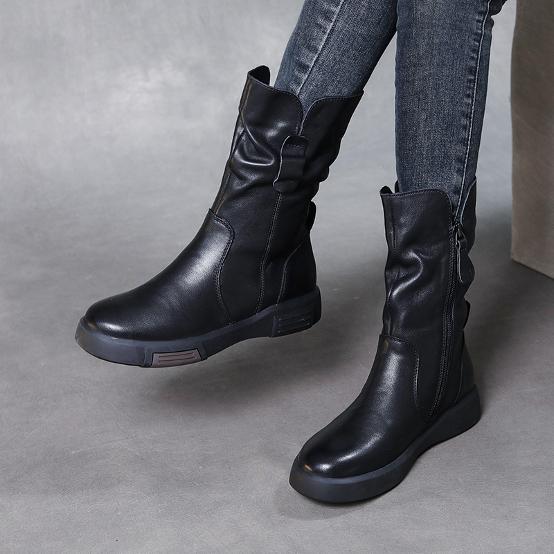 23731头层牛皮新款时尚舒适休闲百搭复古秋冬防滑平底软底马靴女