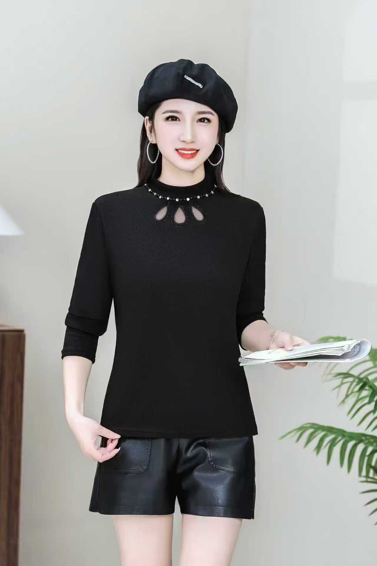 2685【衣长57】烫钻镂空半高领打底衫女2025秋冬新款气质显瘦T恤