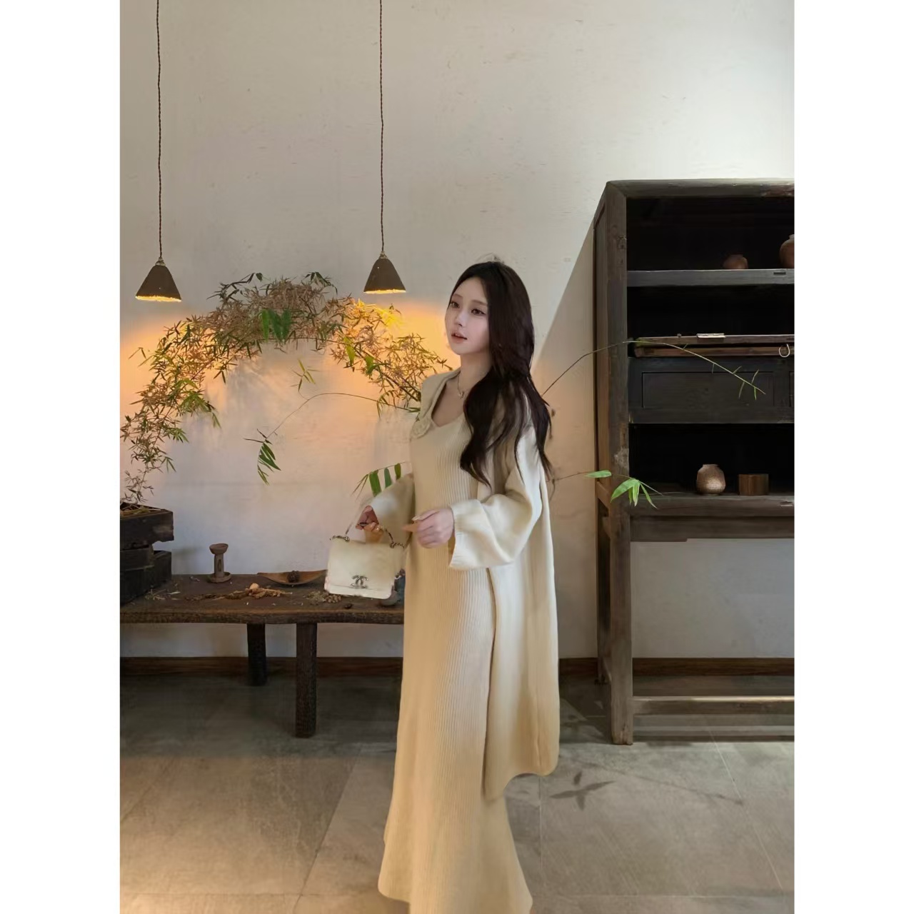 慵懒风长款毛衣开衫外套两件套连衣裙女秋冬花朵背心裙打底套装裙