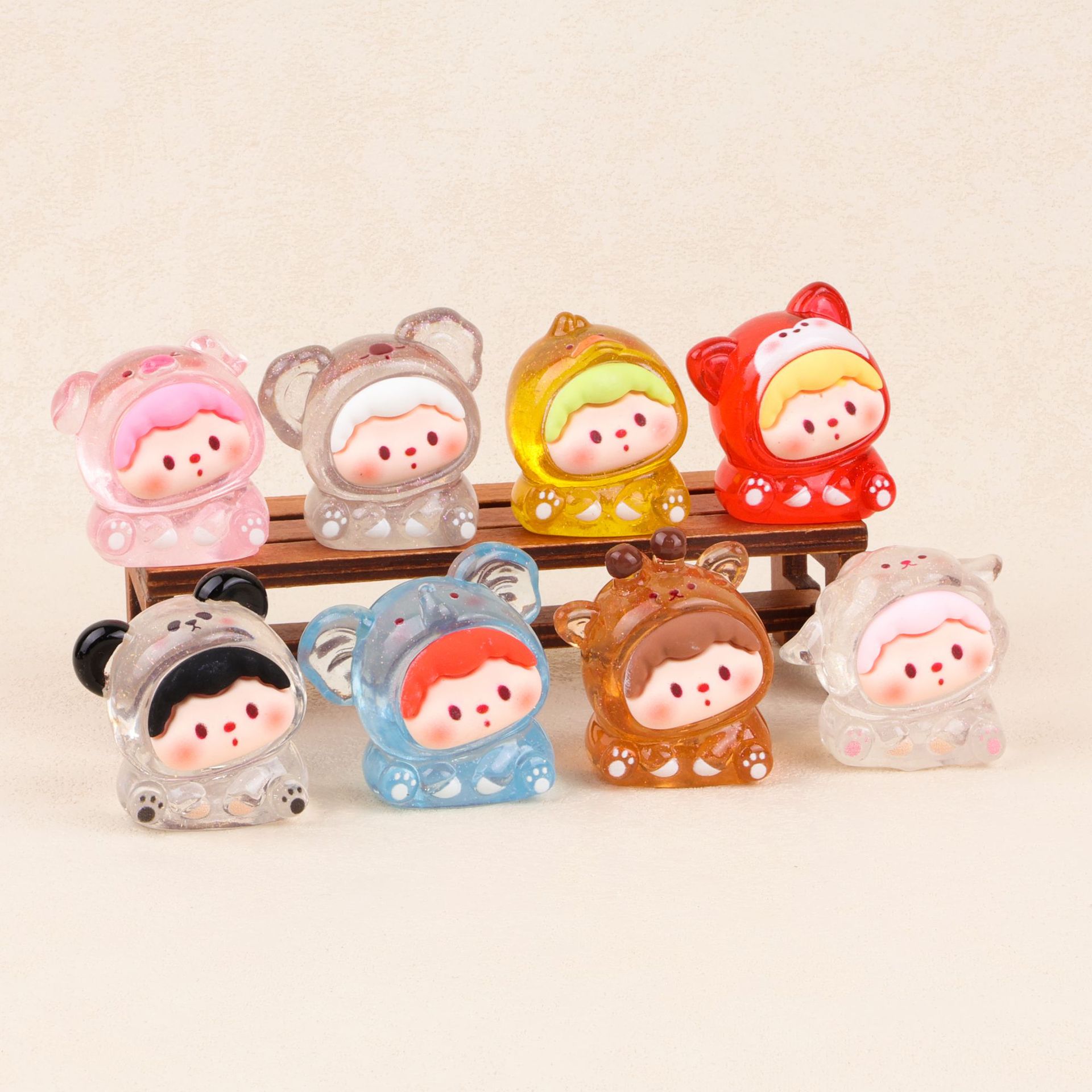 （一套8个）透色细闪歪头崽崽，手工diy树脂饰品配件