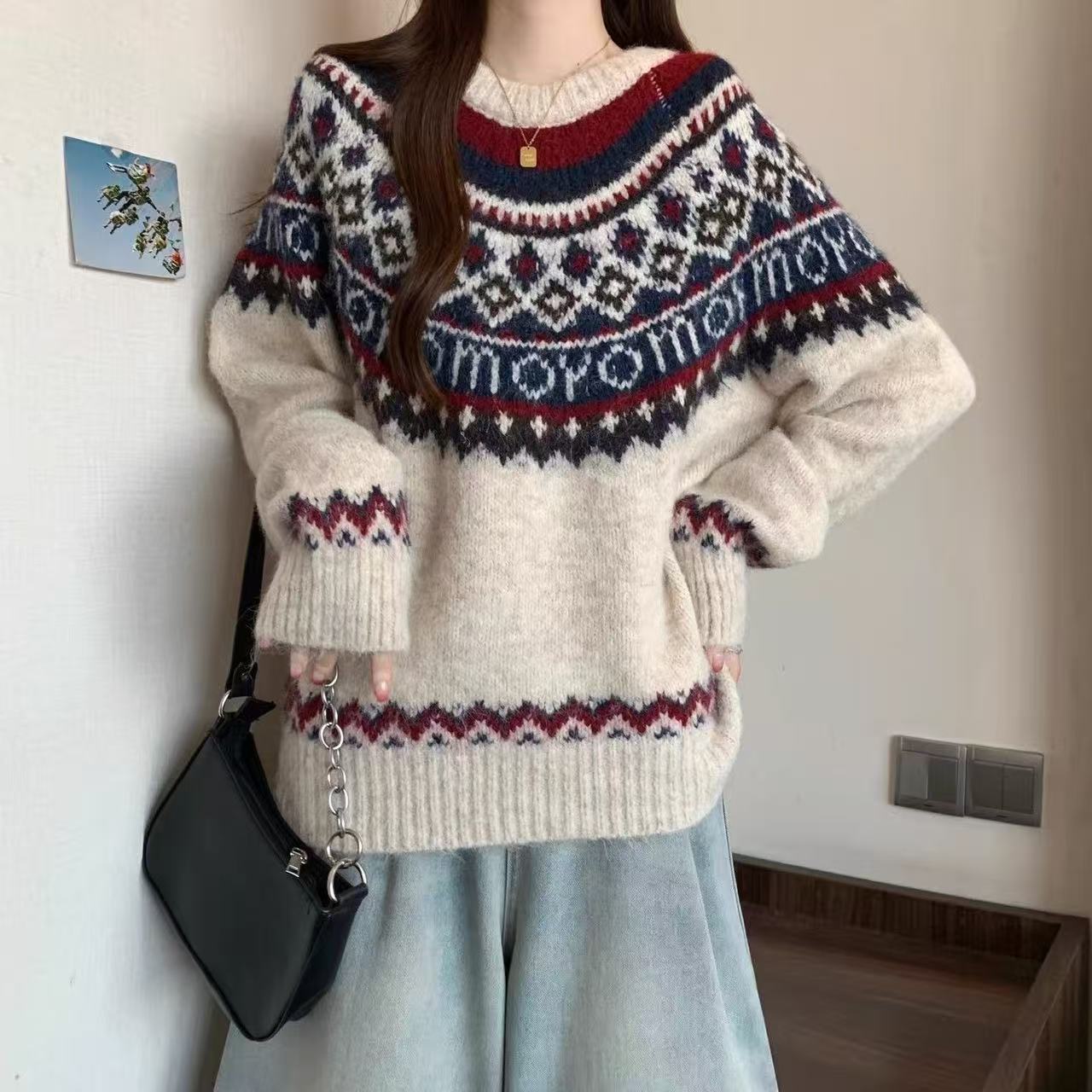 秋冬新款百搭时尚vintage复古针织毛衣打底开衫宽松慵懒款