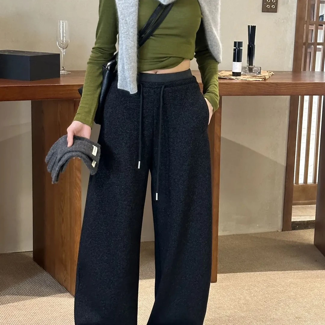 【OZZ—66A77-2】秋冬加绒加厚高腰抽绳显瘦窄版阔腿羊毛休闲裤