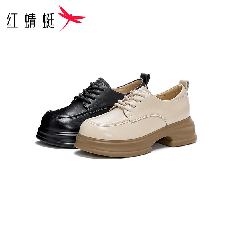红蜻蜓2025女士时尚百搭系带休闲复古英伦风圆头厚底一脚蹬乐福鞋