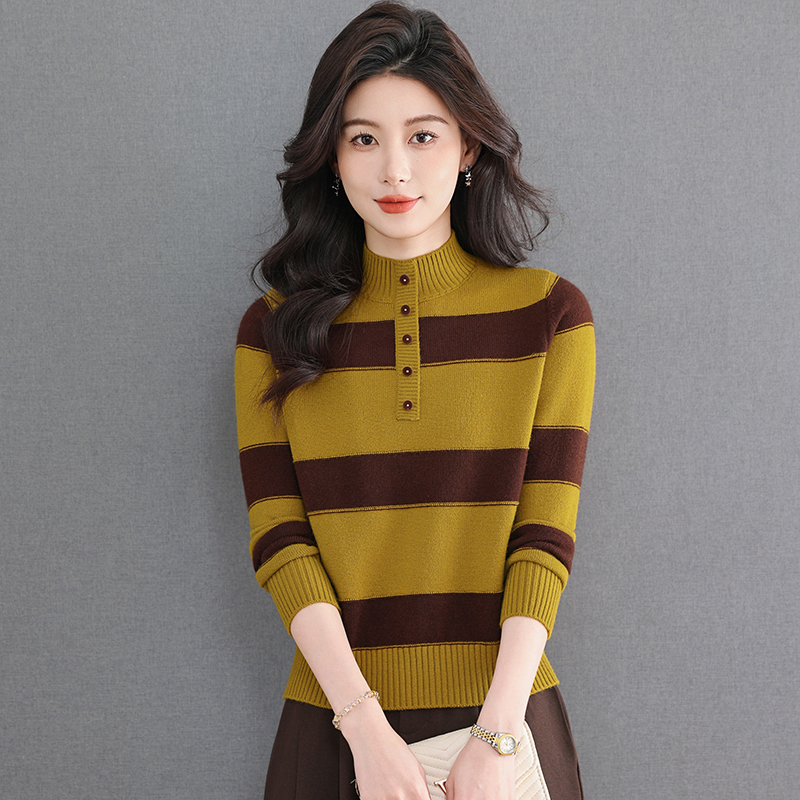 冬季新款半高领条纹时尚洋气宽松显瘦女士针织衫打底衫