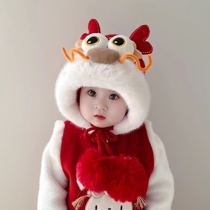 儿童男宝女宝新年中国风唐装红色帽子拜年醒狮虎头帽冬季护耳保暖