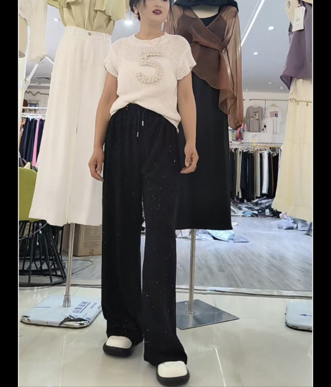 休闲裤薄款网红女装高腰亮片夏季阔腿裤直筒6277
