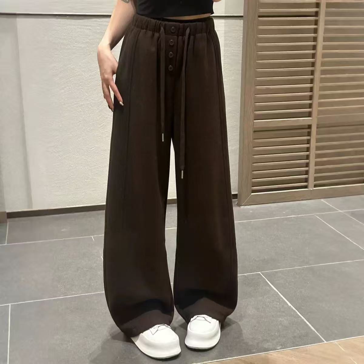 显瘦松紧腰微弹休闲裤拼接针织抽绳加绒长裤直筒秋冬口袋