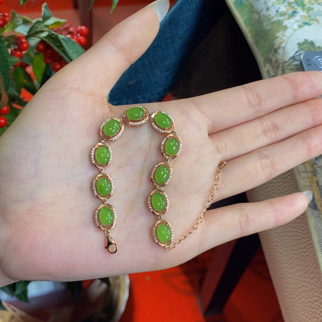 和田玉手镯银S925镀金镶嵌碧玉手链