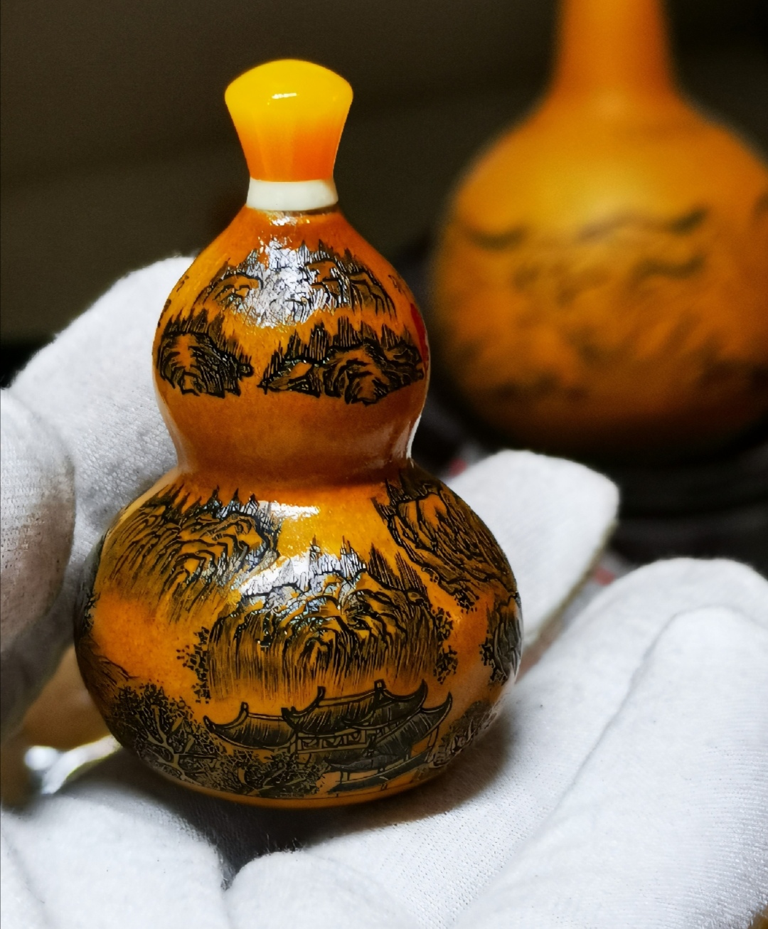 雅青阁葫芦手工墨刻八宝手捻葫芦山水万里山河图响籽稳坐高4.9厘