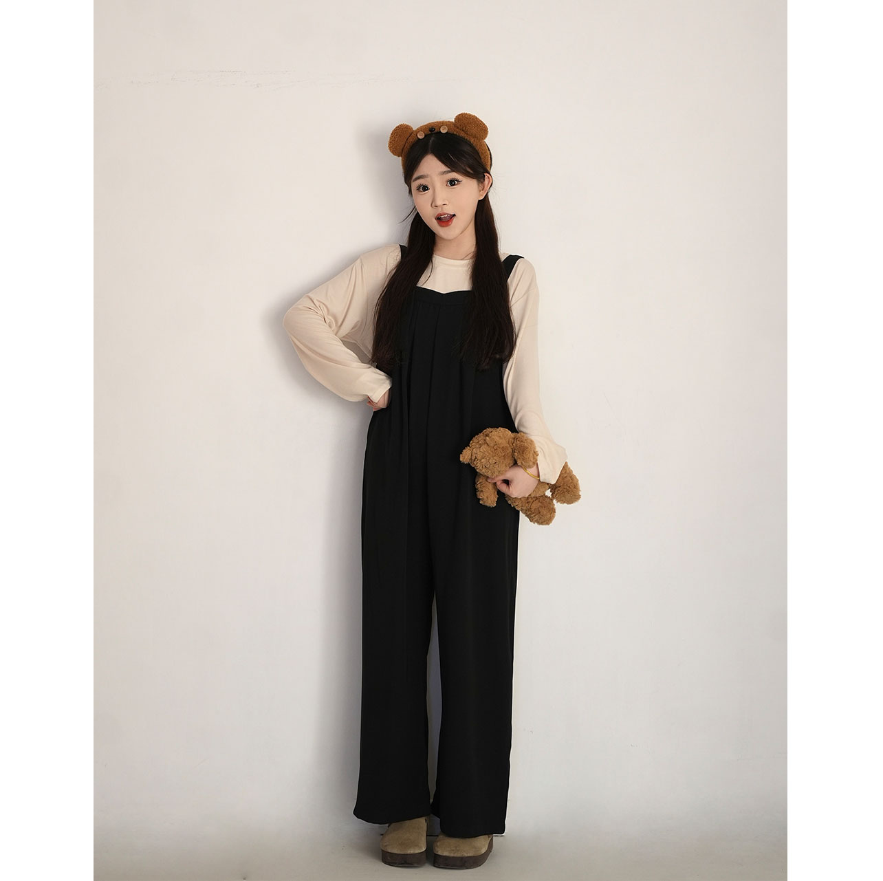 洋洋子【巴洛克】复古气质套装宽松百搭长袖衫显瘦休闲背带裤两件套