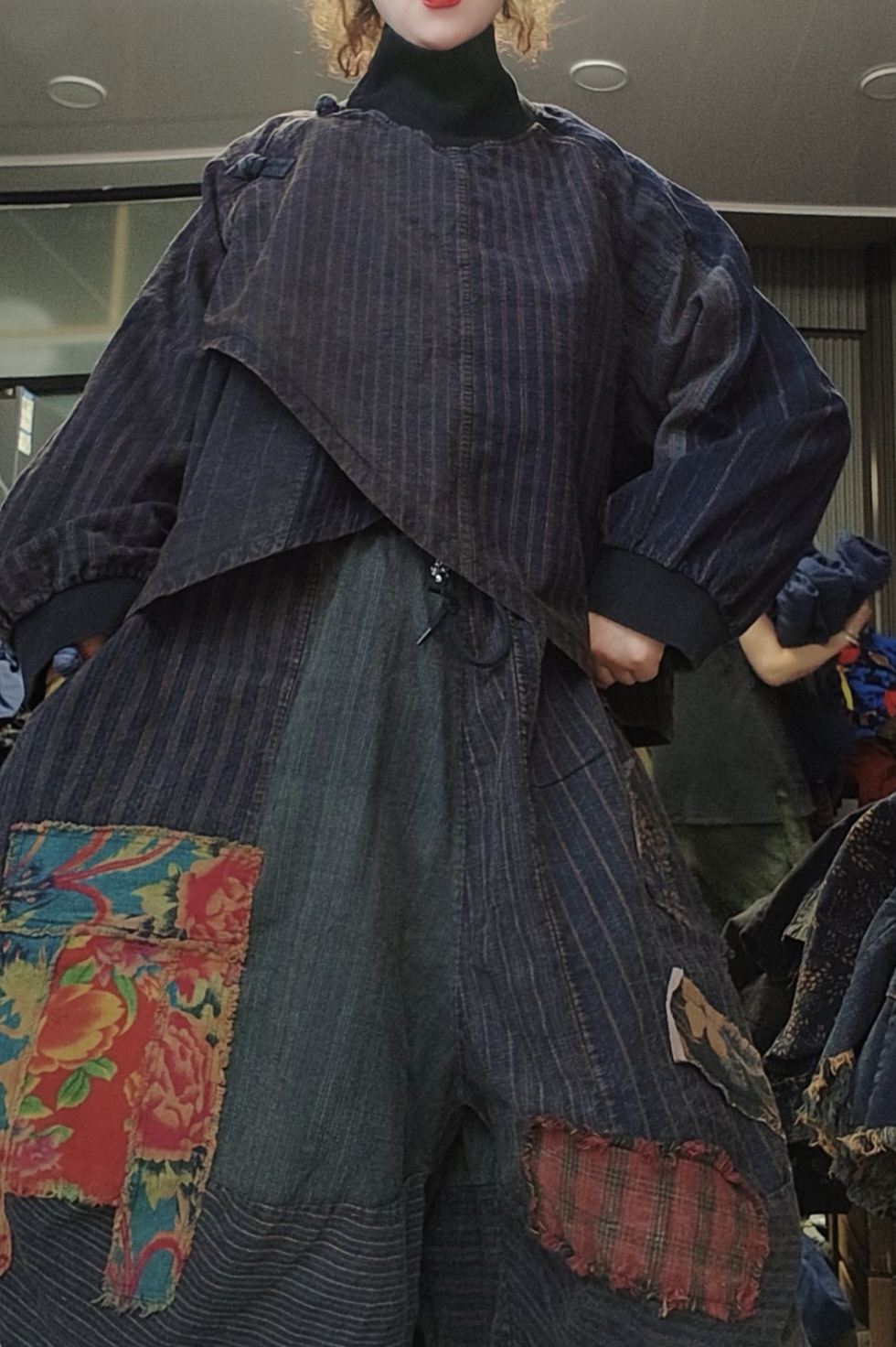 无吊牌磨白做旧高领盘扣不规则老粗布衫直播间自选条纹