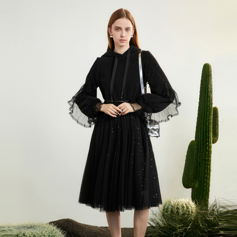 MAOKAI女装抽绳连帽网纱收腰卫衣连衣裙M231Z1206