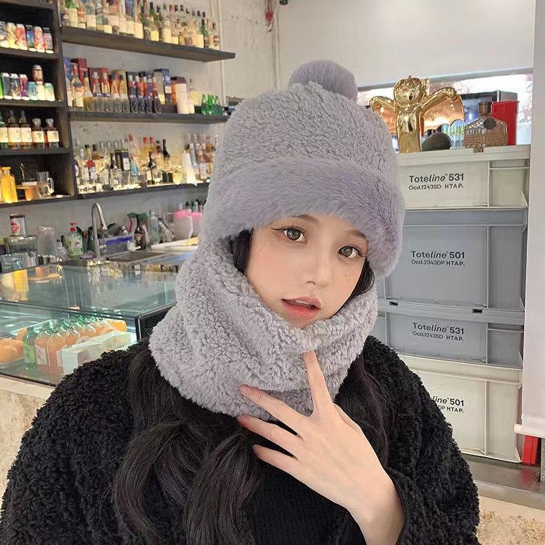 【米果妈】2025冬季新款帽子围脖一体绒保暖套头帽Z1887