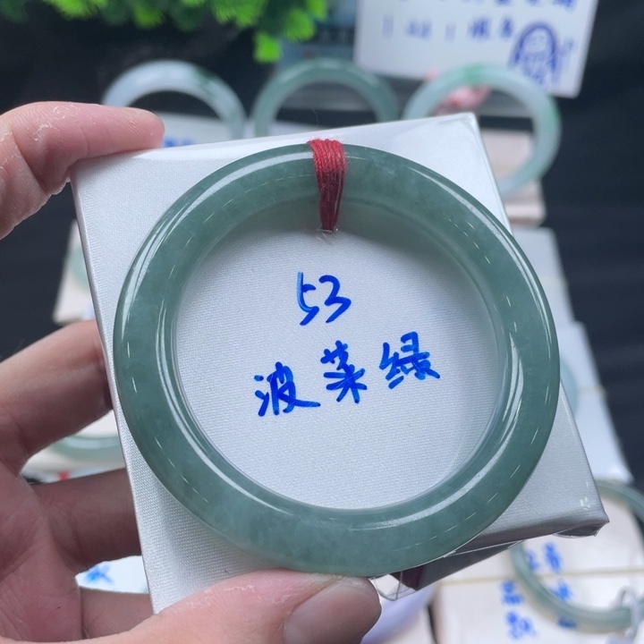 翡翠手镯未镶嵌满圈菠菜绿53圆