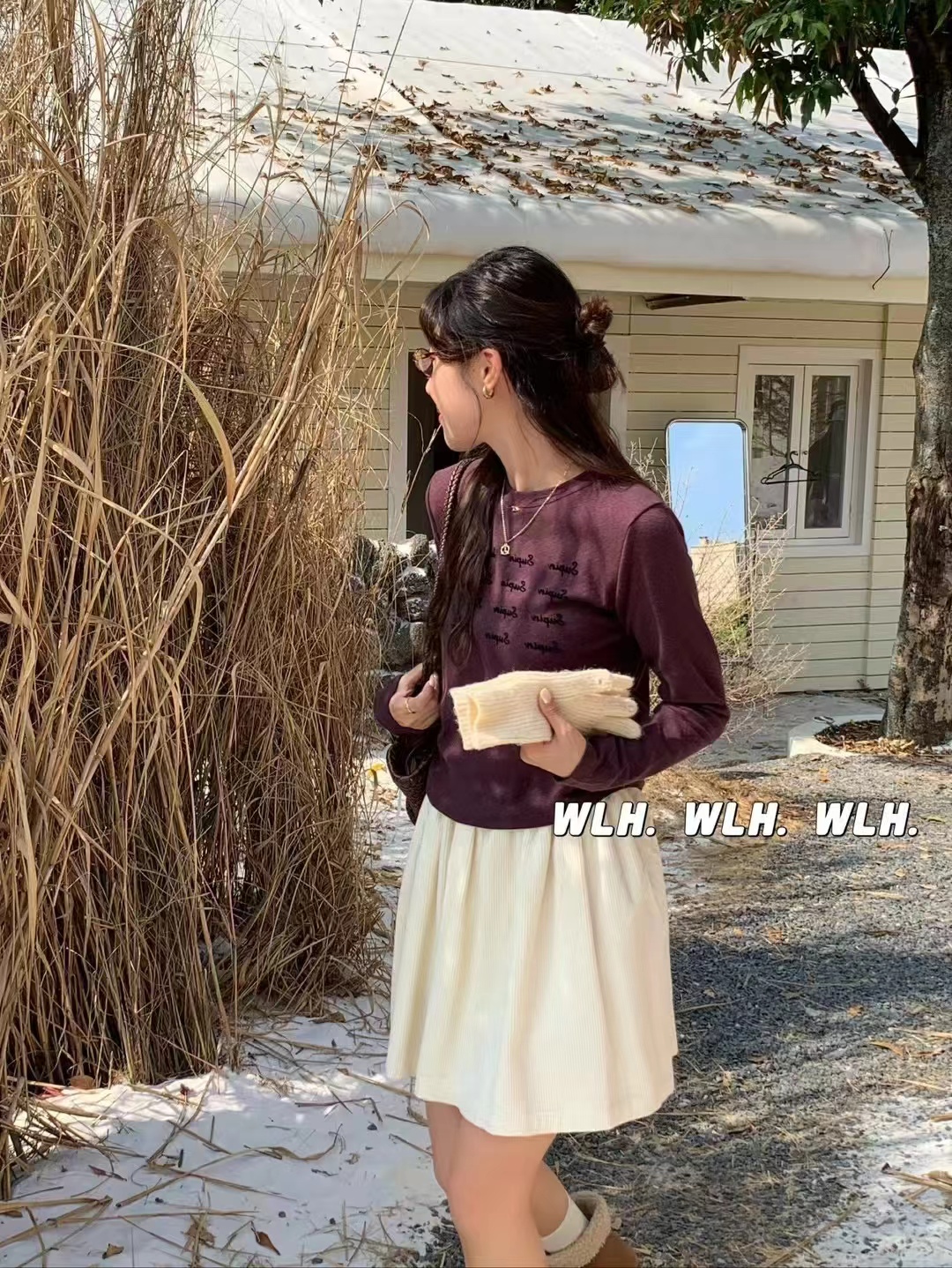 滨莉家【13201】秋季简约百搭字母圆领长袖T恤