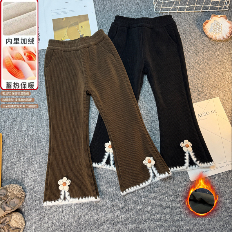 一体奥粒绒喇叭裤 儿童加绒微喇裤 女童保暖长裤中大童秋冬款童装