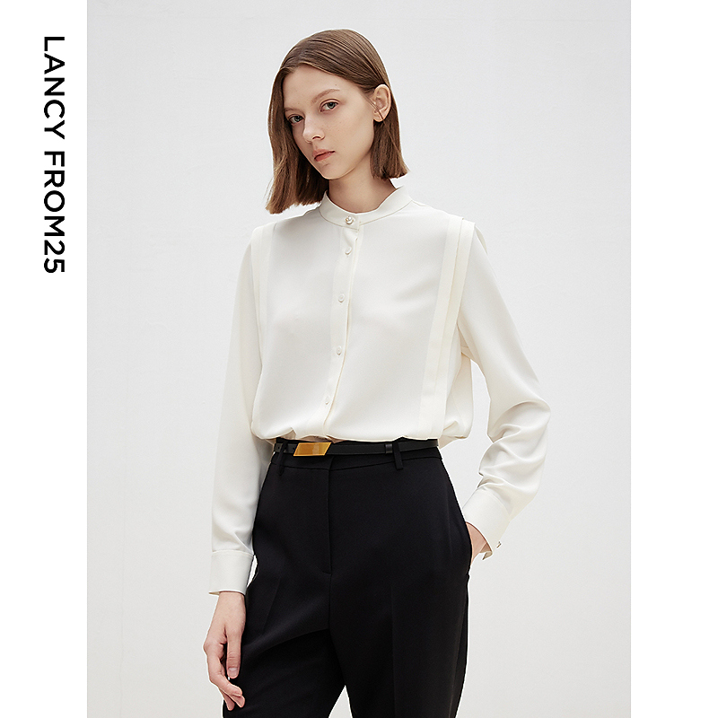 朗姿法式通勤设计感白色气质长袖立领衬衫内搭上衣2025年春季新款