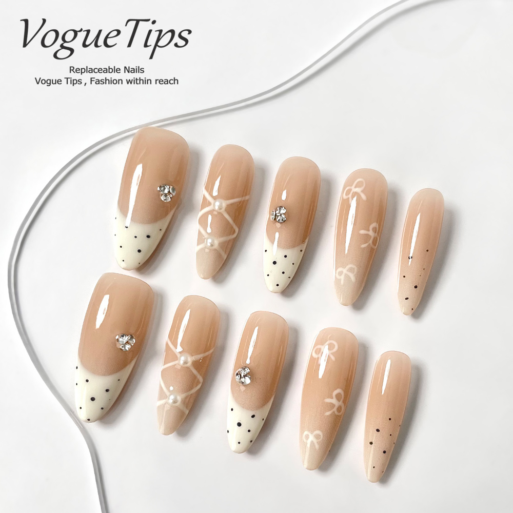 VogueTips 贝珠手工穿戴甲ins风优雅高品质显白美甲片长杏仁ZB635