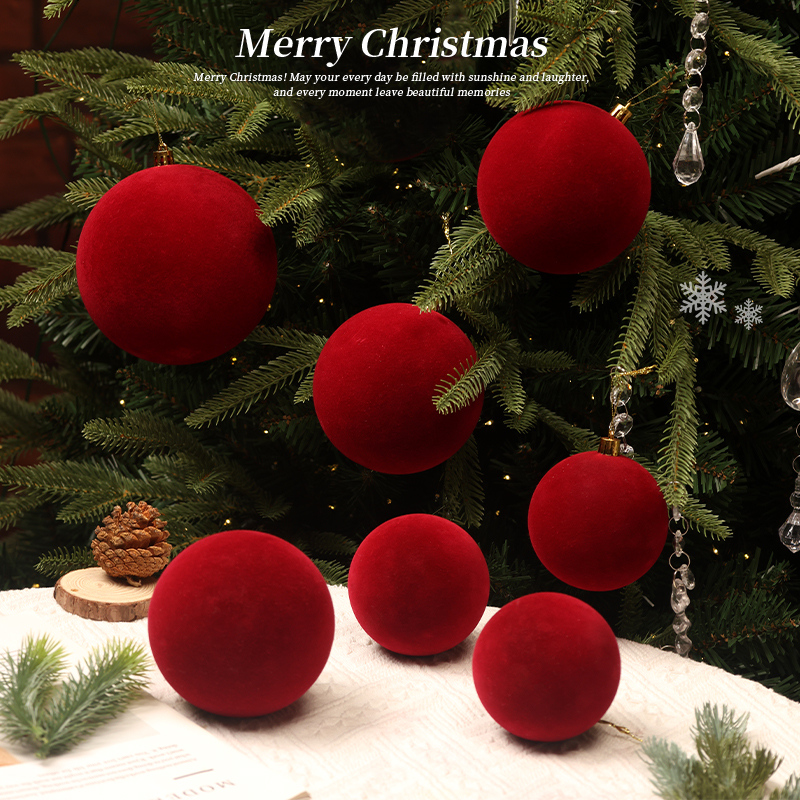 圣诞节装饰品酒红色植绒圣诞球挂饰圣诞树装扮道具场景氛围布置