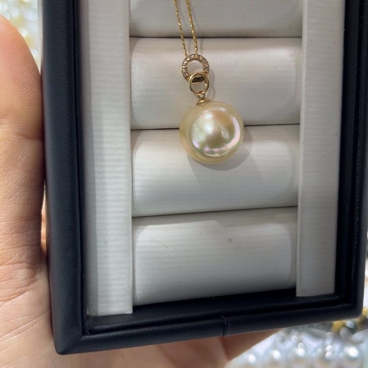 海水珍珠吊坠(不含链)18K金镶嵌14-15mm