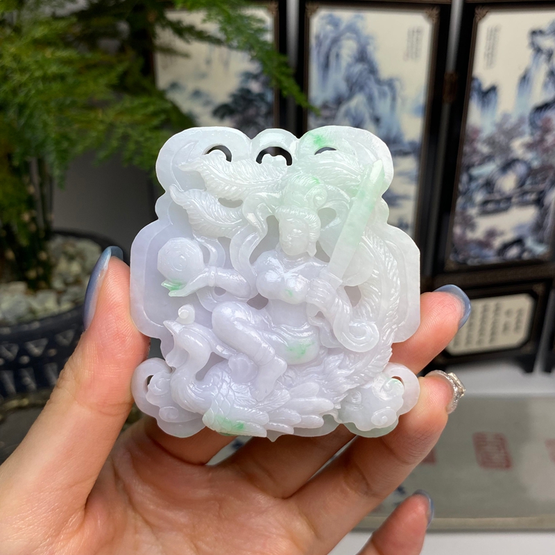 毛货  老种淡春彩飞天敦煌挂件手把件 天然翡翠A货 