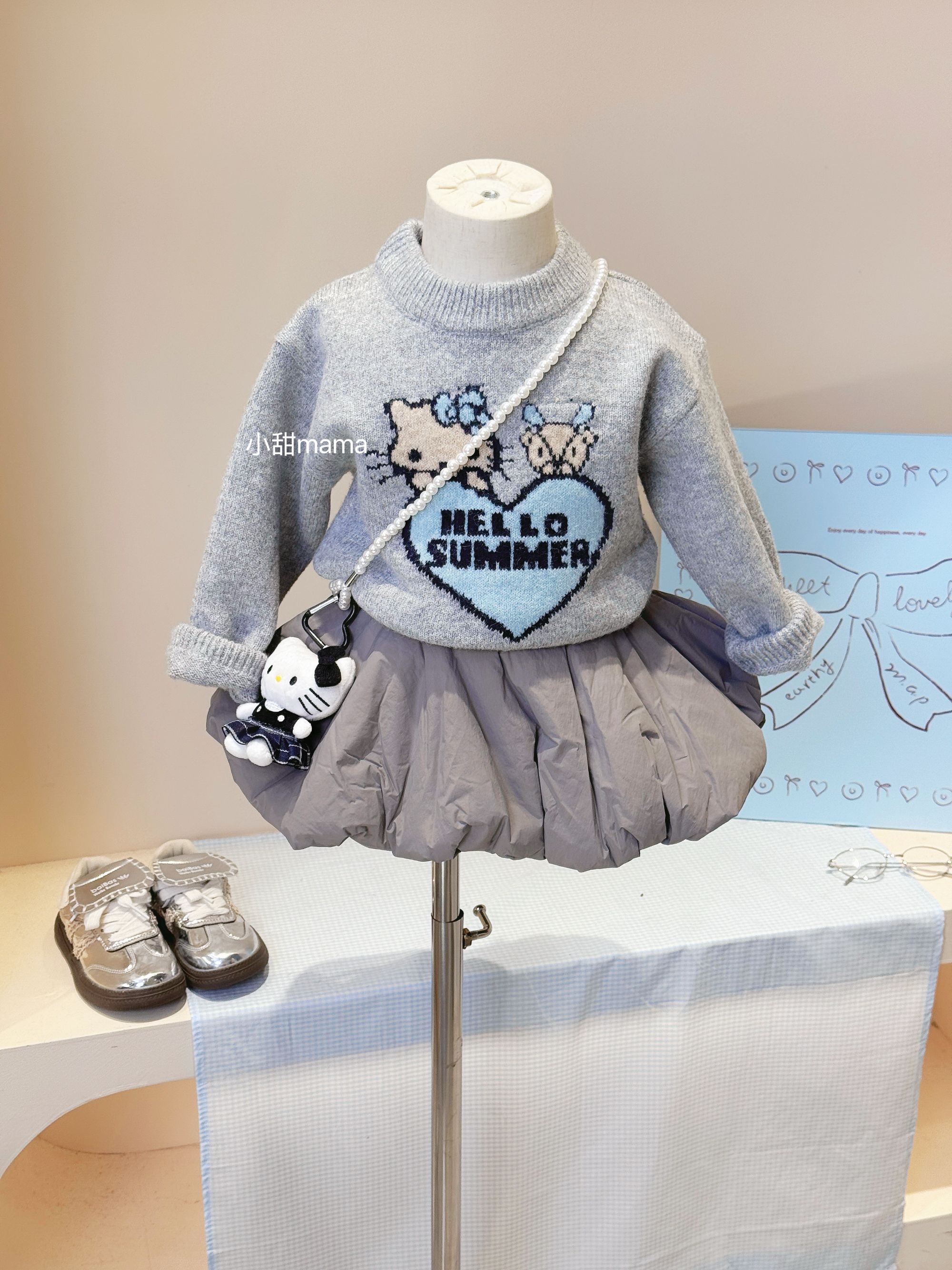 女童冬季韩版KT猫毛衣棉半身裙套装女宝洋气圆领卡通针织毛线衫潮