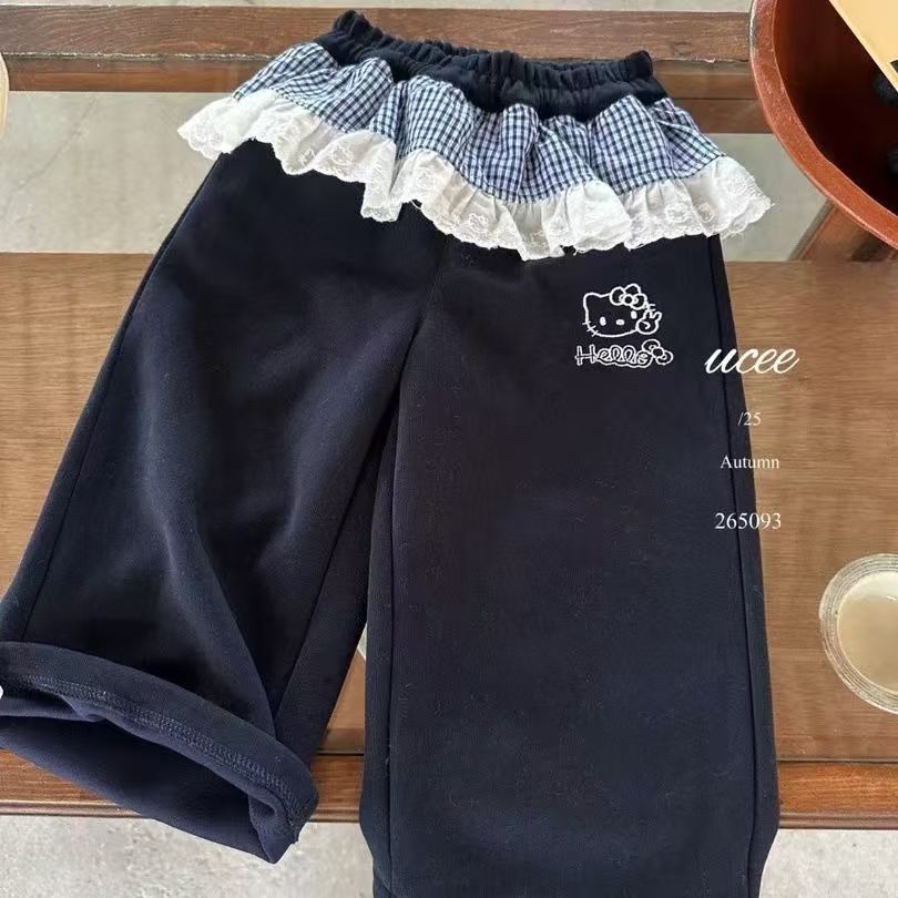 女童花边春秋款卫裤2025新款时尚洋气可爱休闲运动百搭长裤C