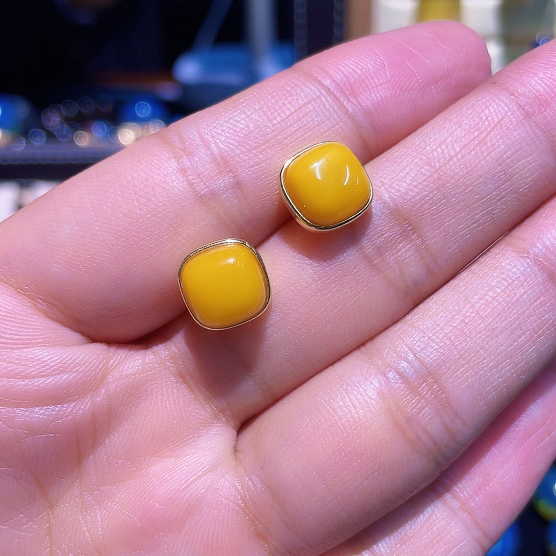 琥珀耳饰银S925镶嵌蜜蜡