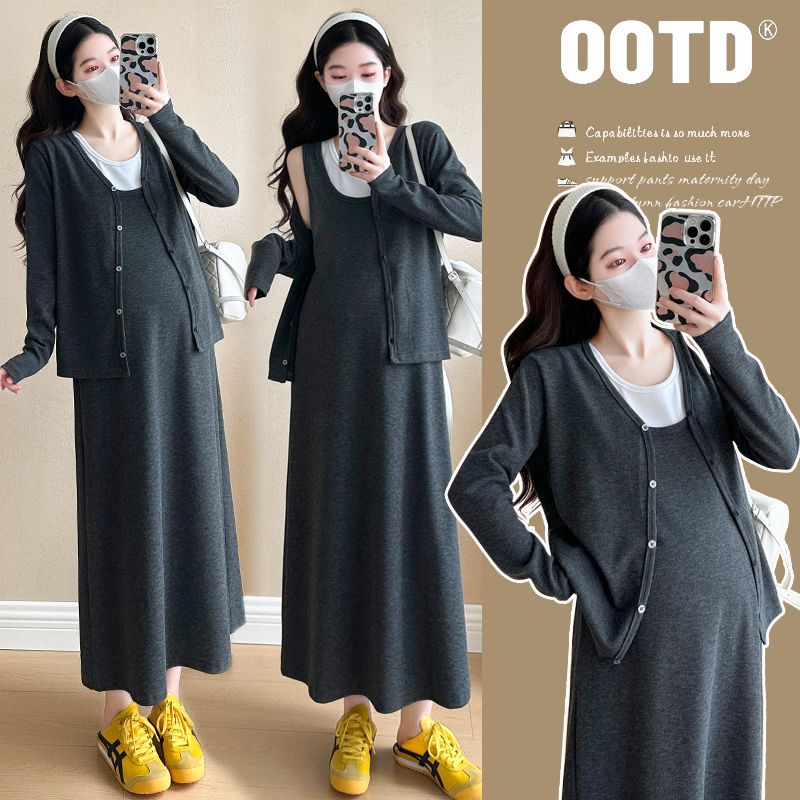【婕米】2025孕妇秋装新款洋气时尚大码慵懒风开衫背带裙两件套春秋