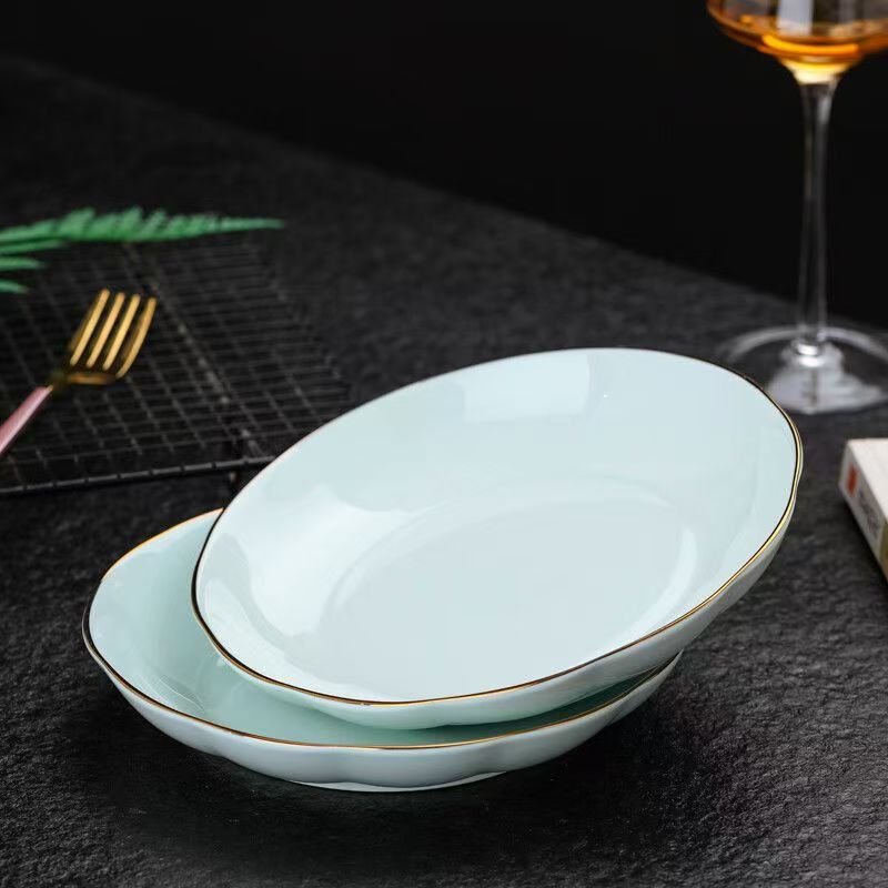 影青金边7英寸钻石盘4个装菜盘饭盘深盘圆盘子陶瓷餐具